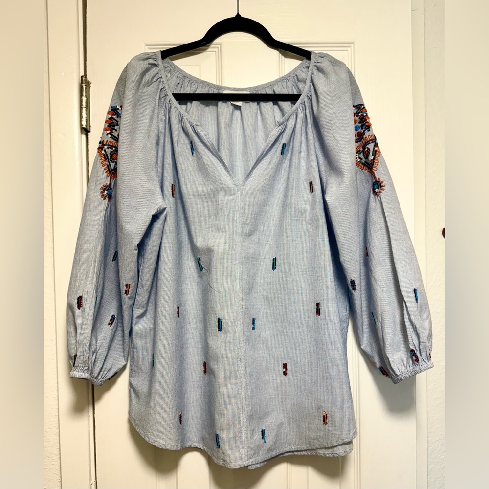 Velvet by Graham & Spencer Blue Embroidered Puff Sleeve Blouse